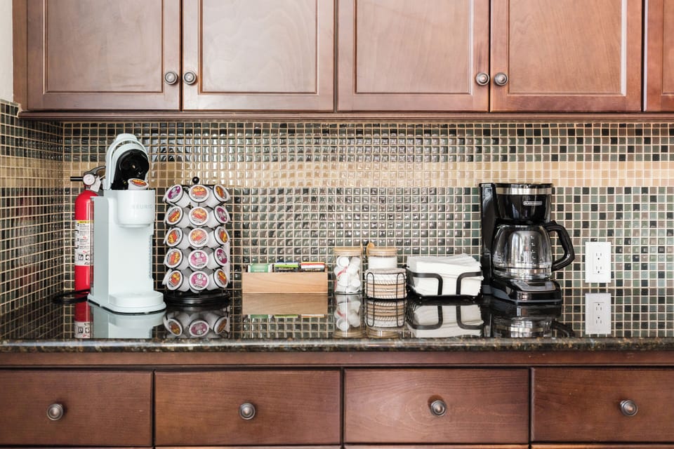We offer Drip Coffee and Keurig equipped with K-cup pods, creamer and sugar
