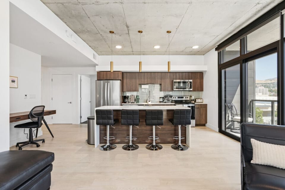 Open living room/kitchen/dining area.