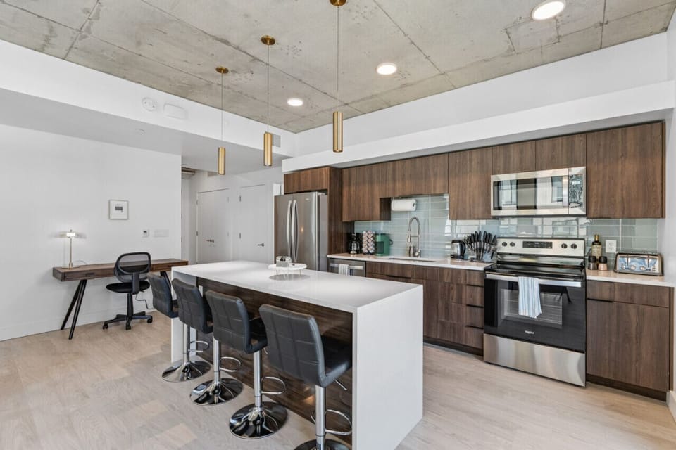 Open living room/kitchen/dining area.
