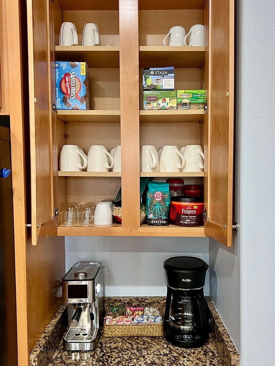 Coffee Bar with Espresso Machine. Coffee Maker & Kettle