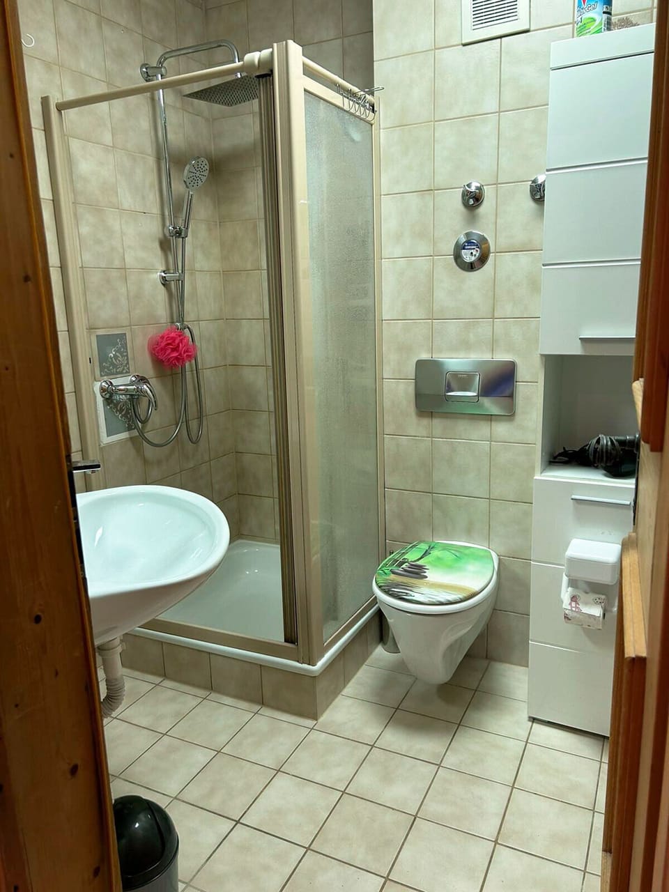 Hair dryer, towels, toilet paper