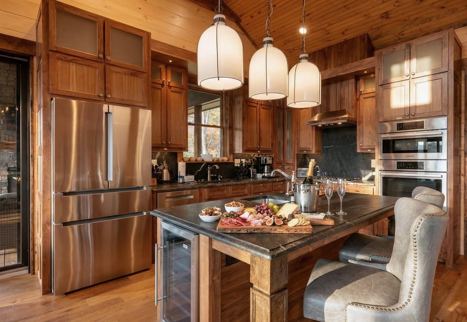 This kitchen has everything you need for preparing delicious meals, complete with modern appliances and a rustic touch.