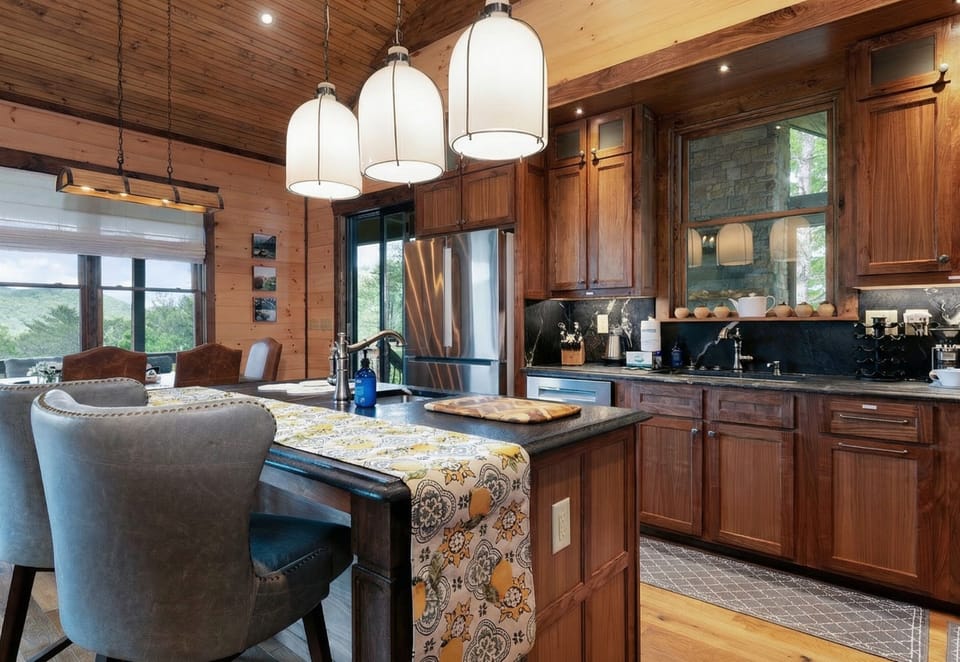 Gather around the kitchen island, a great spot for casual meals and conversations.
