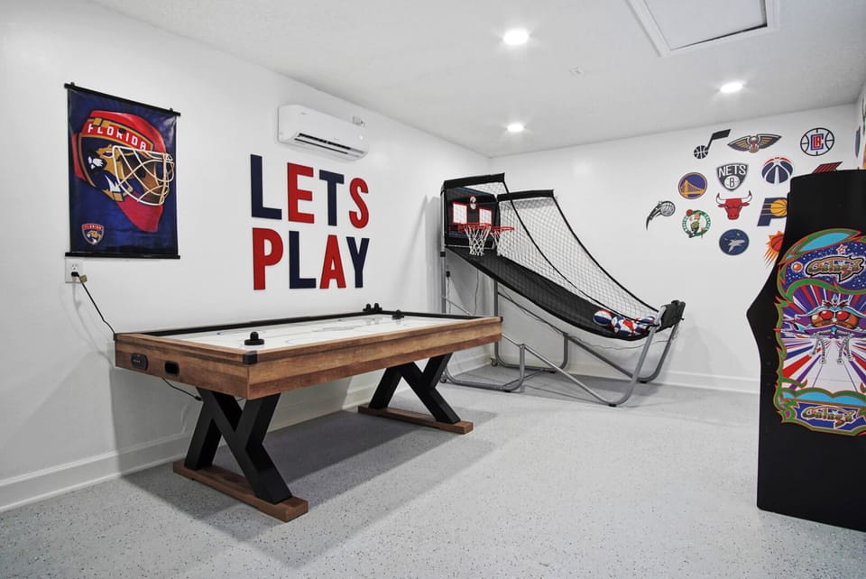 Air hockey, arcade & hoops — your own private game room for family fun