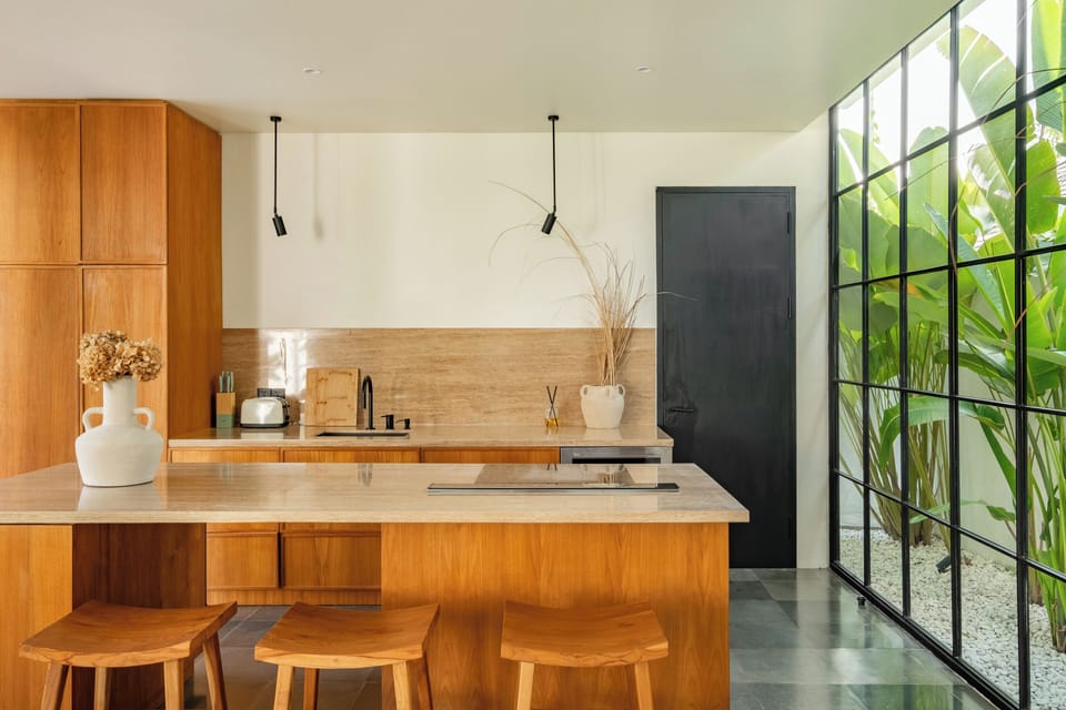 Deluxe Villa, Patio, Pool View | Private kitchen | Fridge, microwave, oven, stovetop