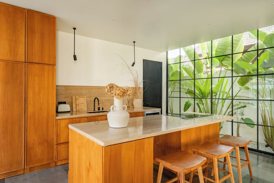 Deluxe Villa, Patio, Pool View | Private kitchen | Fridge, microwave, oven, stovetop