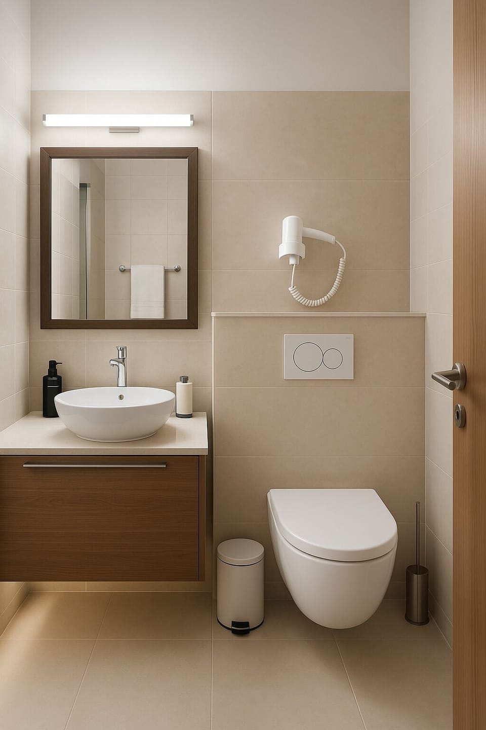 Shower, rainfall showerhead, hair dryer, bathrobes