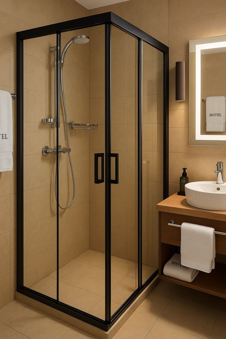 Shower, rainfall showerhead, hair dryer, bathrobes