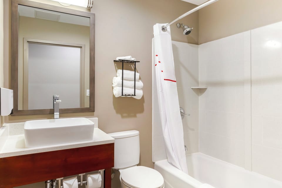 Hair dryer, towels, soap, shampoo