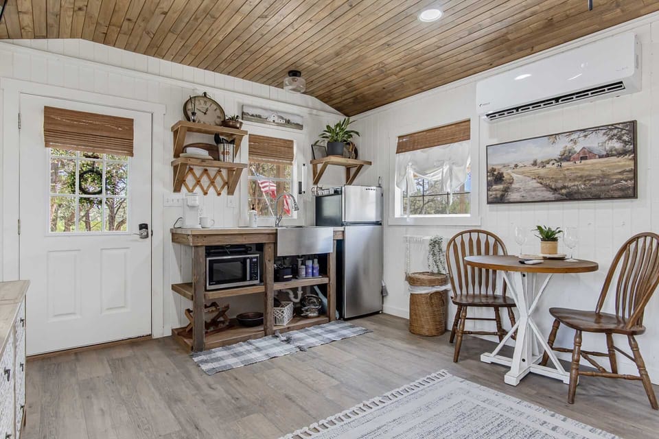 Your cabin kitchenette includes a fridge and Keurig coffee maker, as well as a microwave that also functions as a conventional oven.