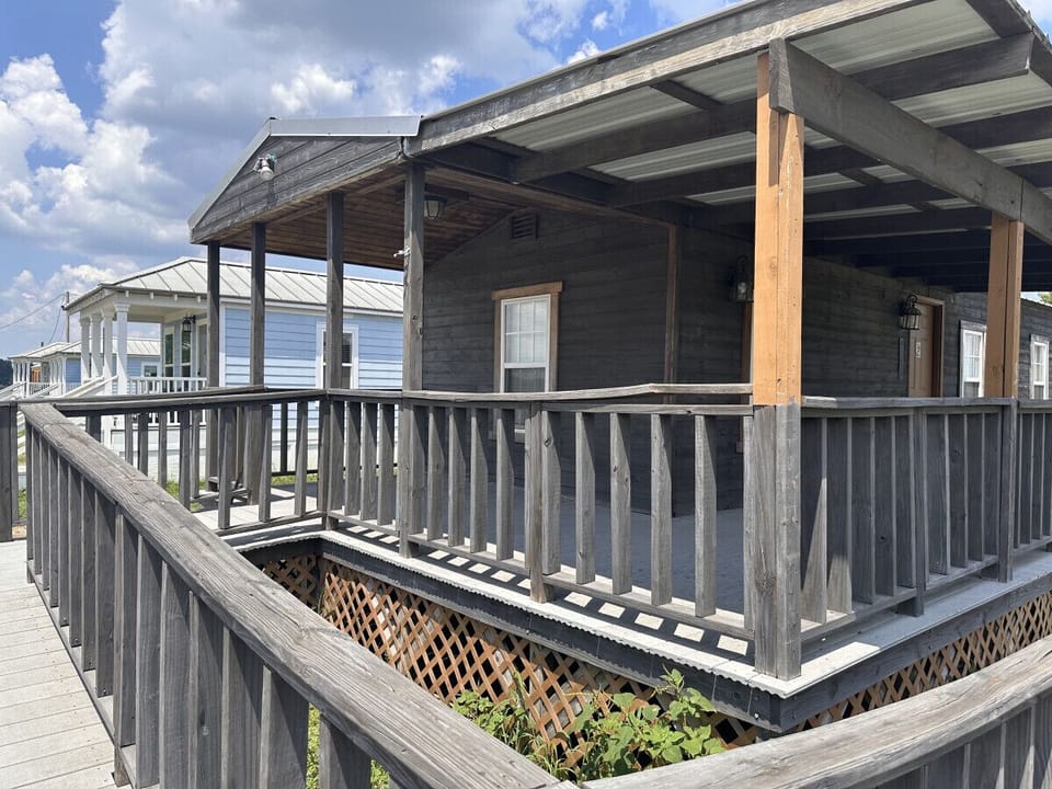 Cabin exterior with access ramp.