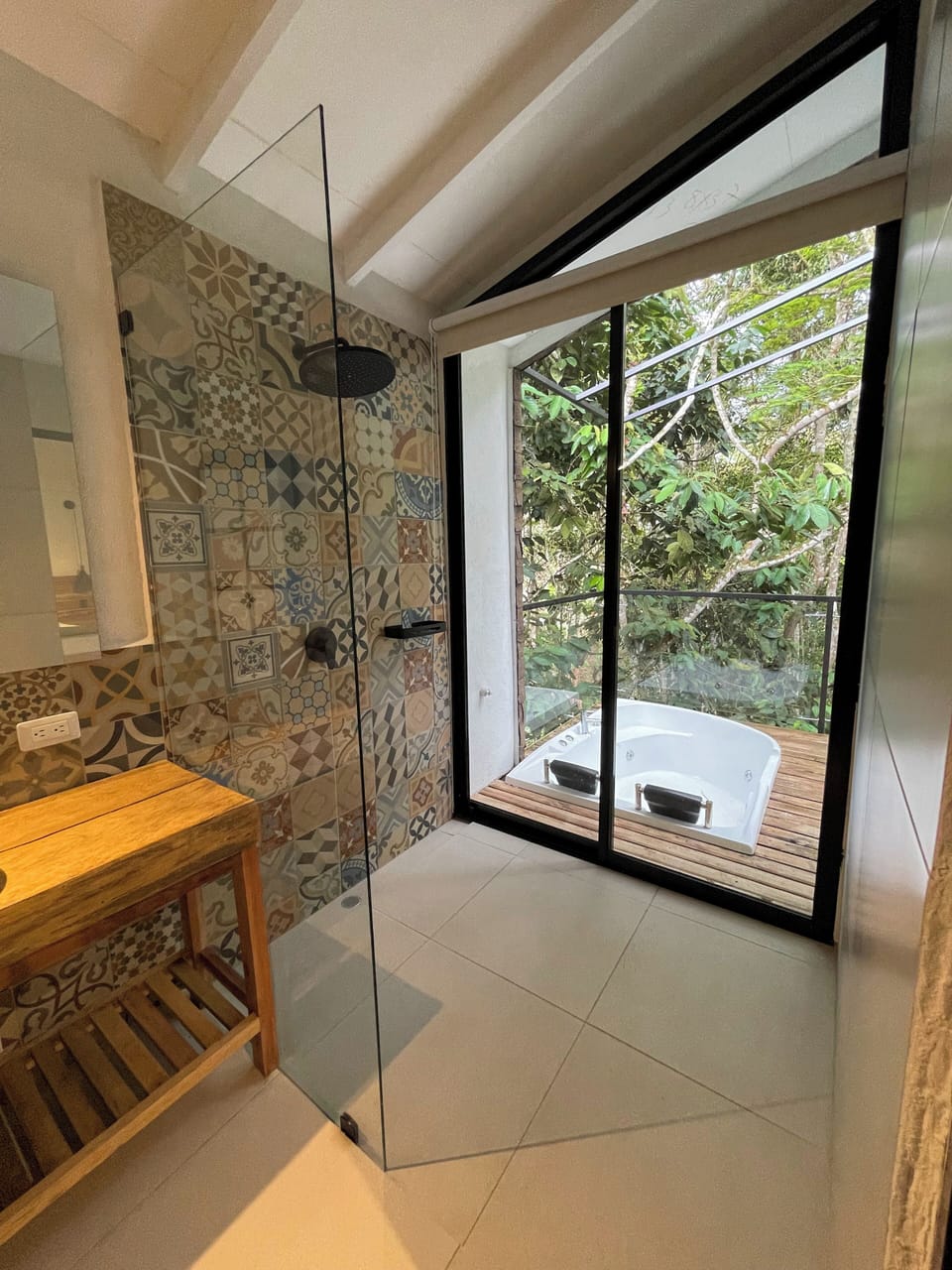 Family Cabin, Balcony, Garden View | Bathroom | Separate tub and shower, rainfall showerhead, towels, soap