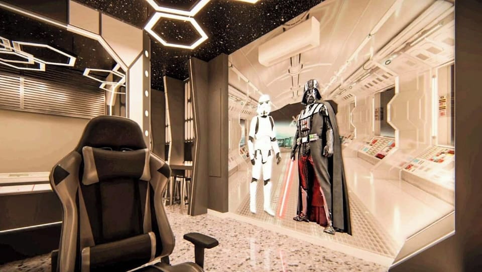 ✨ Star Wars Game Room — Immerse in a galactic adventure with PS5, arcade machines, foosball, and air hockey. Epic lighting, life-size characters, and futuristic design make this the ultimate play zone for all ages!