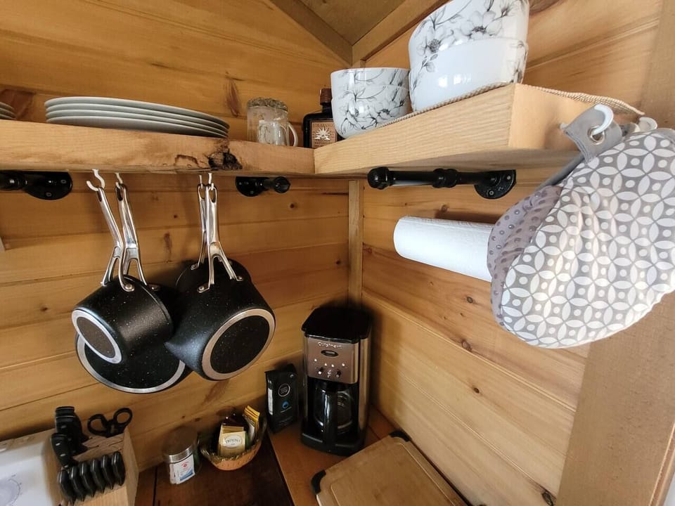 Hanging pots and shelving for storage