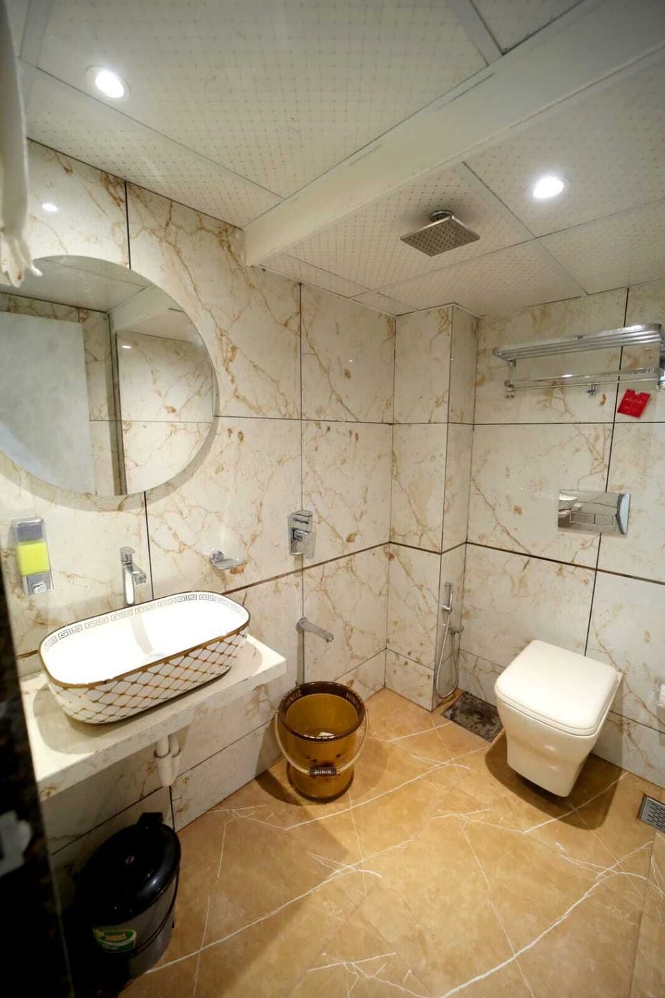 Shower, slippers, towels, soap