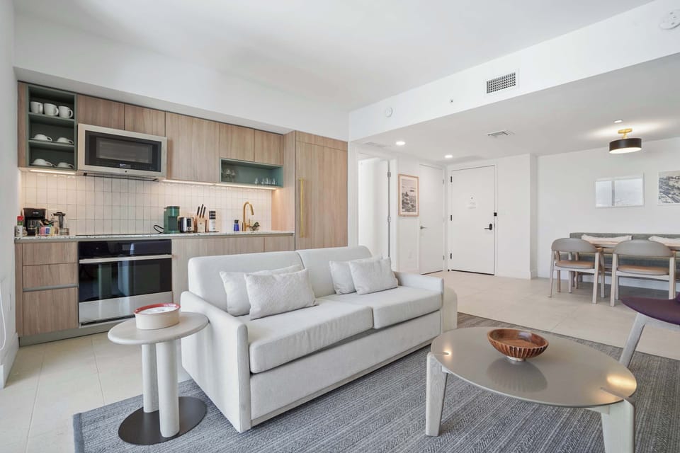 The sofa can convert into a double bed for additional guests