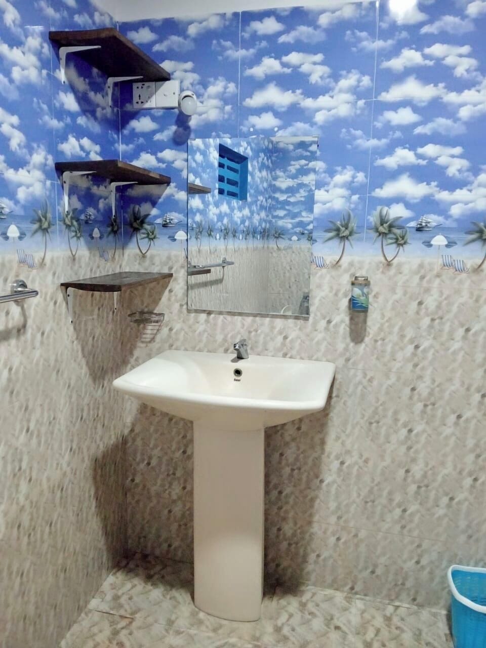 Shower, towels, soap, toilet paper
