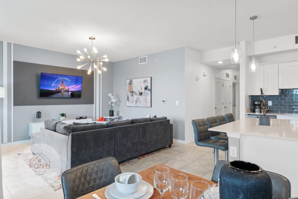 Living Room with TV #Disney #Parks #kingdom #springs #StoreyLake #resort #Apartment #Vacation #Rental #waterpark #Kissimmee #Orlando #universal #citywalk