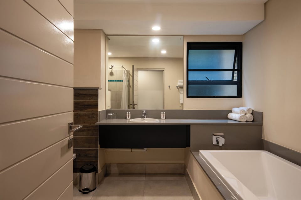 Hair dryer, towels, soap, shampoo