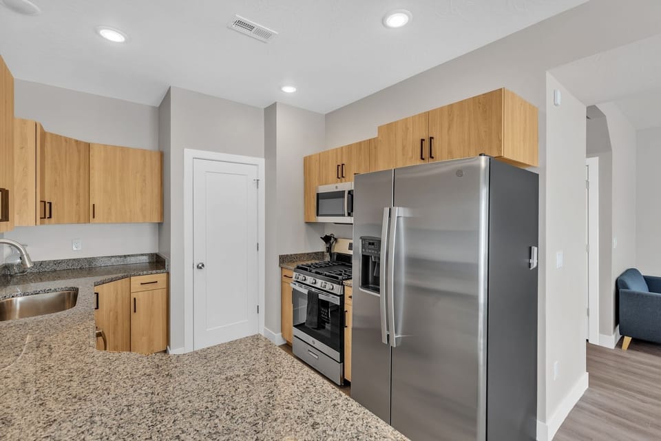 Indoors, Kitchen, Refrigerator, Floor, Microwave
