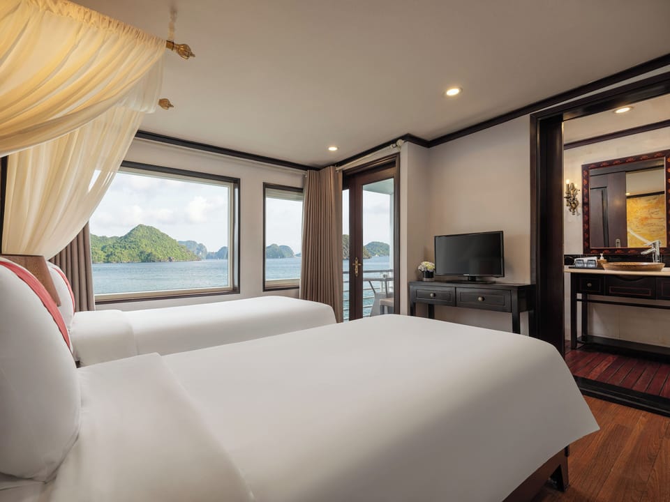Premium bedding, desk, laptop workspace, soundproofing