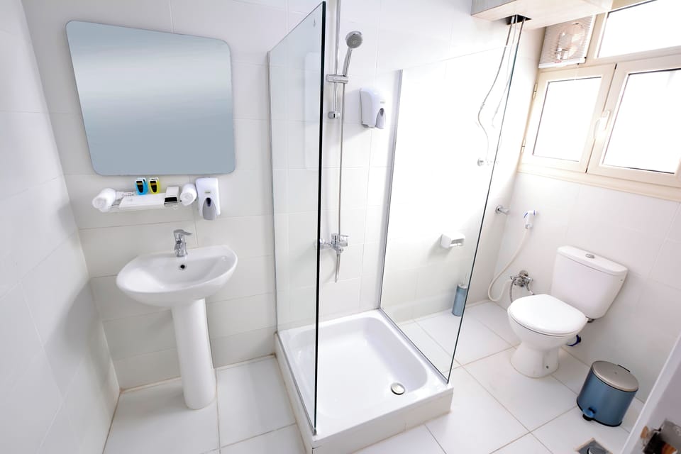 Superior Triple Room - Pyramids and museum view | Bathroom | Shower, towels, soap, shampoo