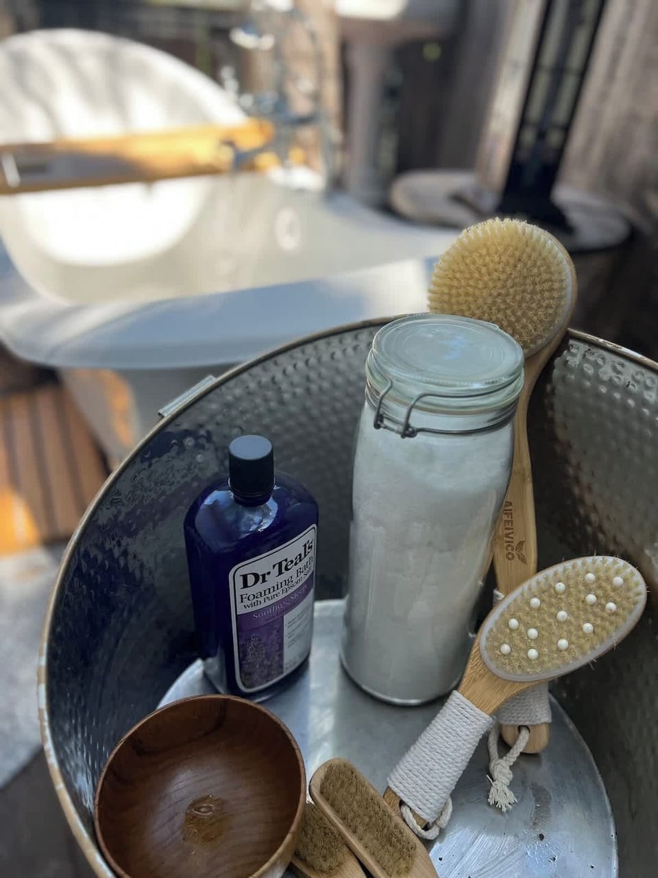 Take a cold refreshing epsom salt bath on a hot summer day in the outdoor clawfoot tub.