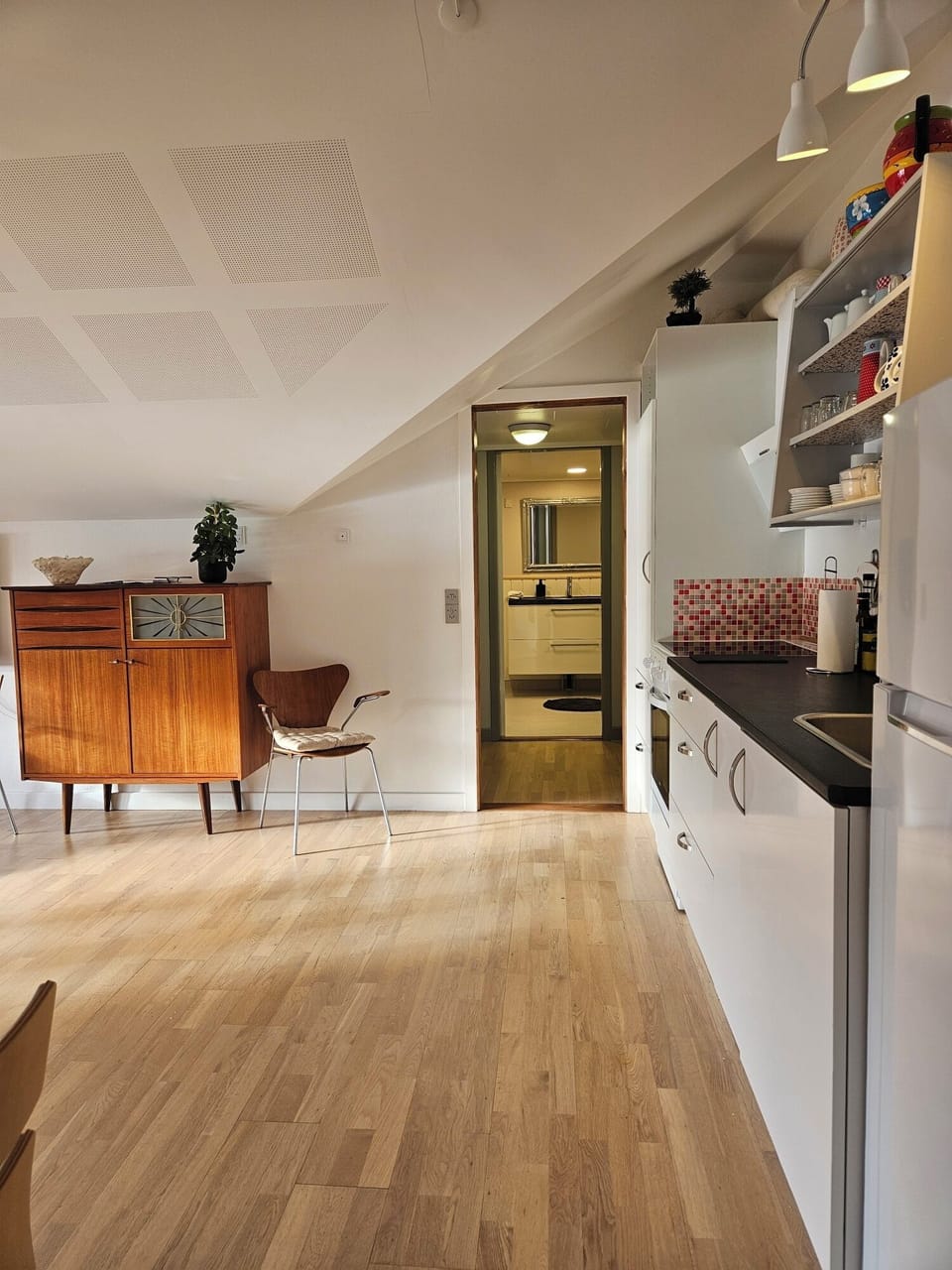 View from the living room to the hall and bathroom 
