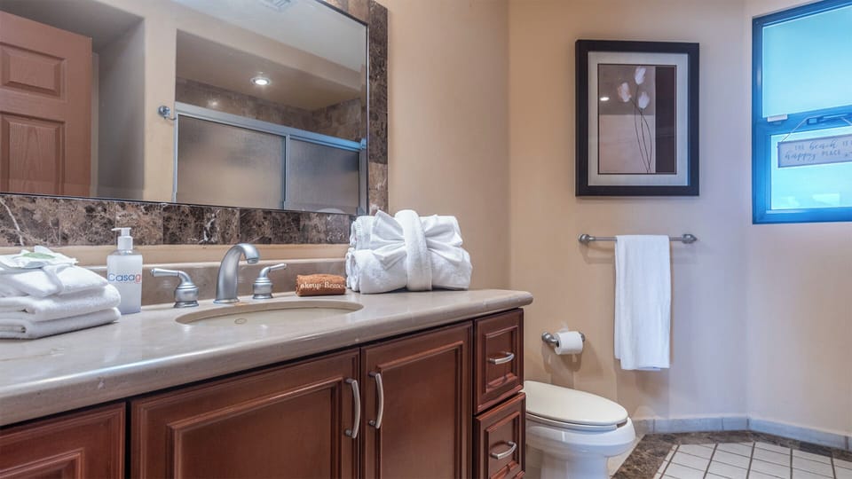 The vanity in the bathroom.