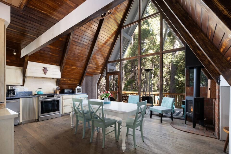 Bright dining space overlooking the outdoors.