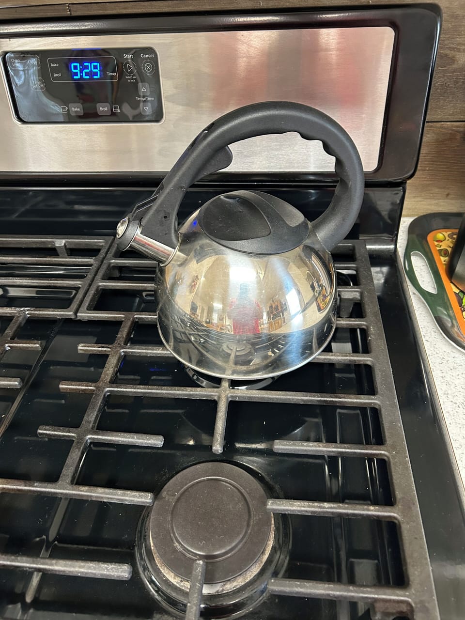 Tea kettle. Tea provided in the beverage bar.