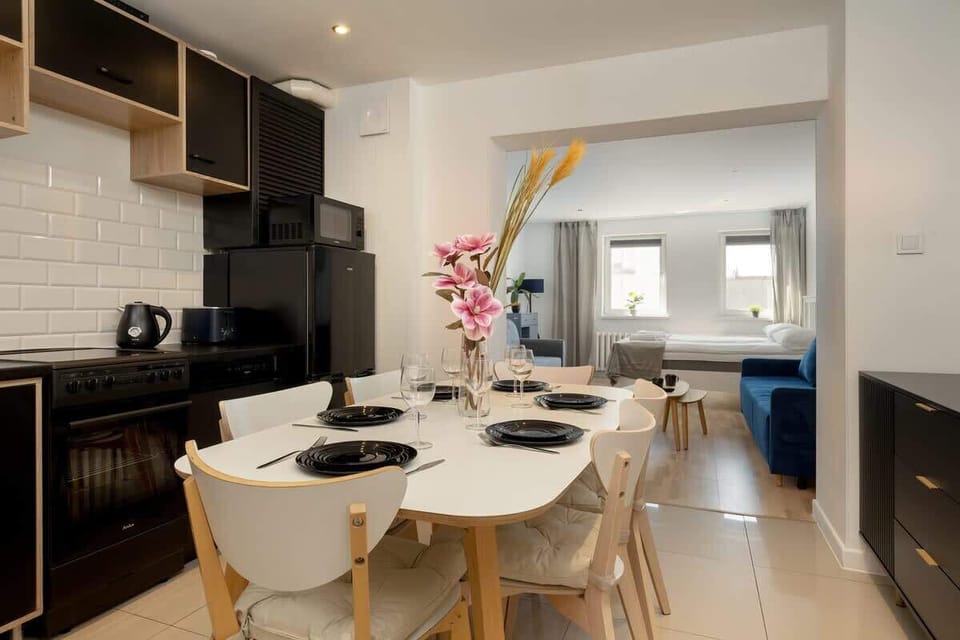 Dining area with table and chairs.