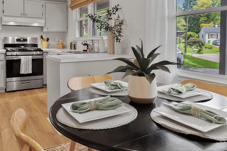 Table set up for the dining area in the kitchen