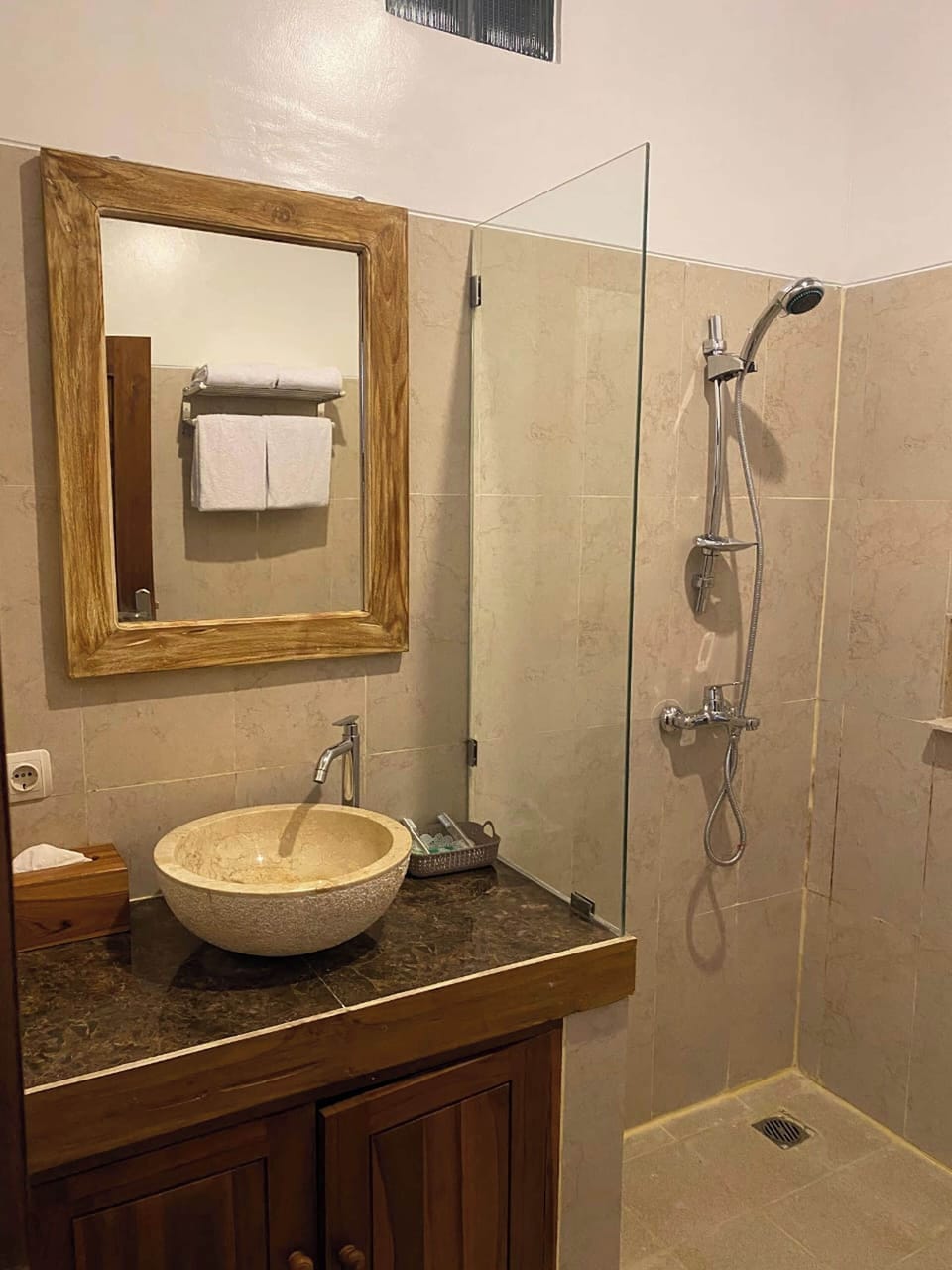 Shower, rainfall showerhead, bidet, towels