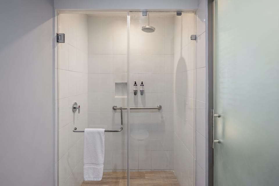 Shower, rainfall showerhead, free toiletries, hair dryer