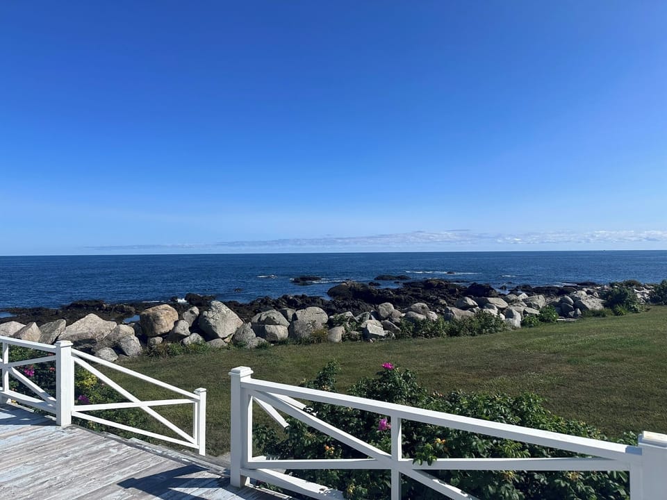 Steps down to lawn facing the ocean.