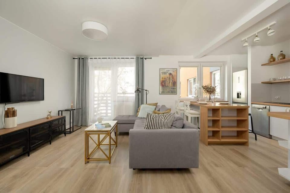 Cozy and spacious living room with a fold-out sofa, coffee table, and TV.