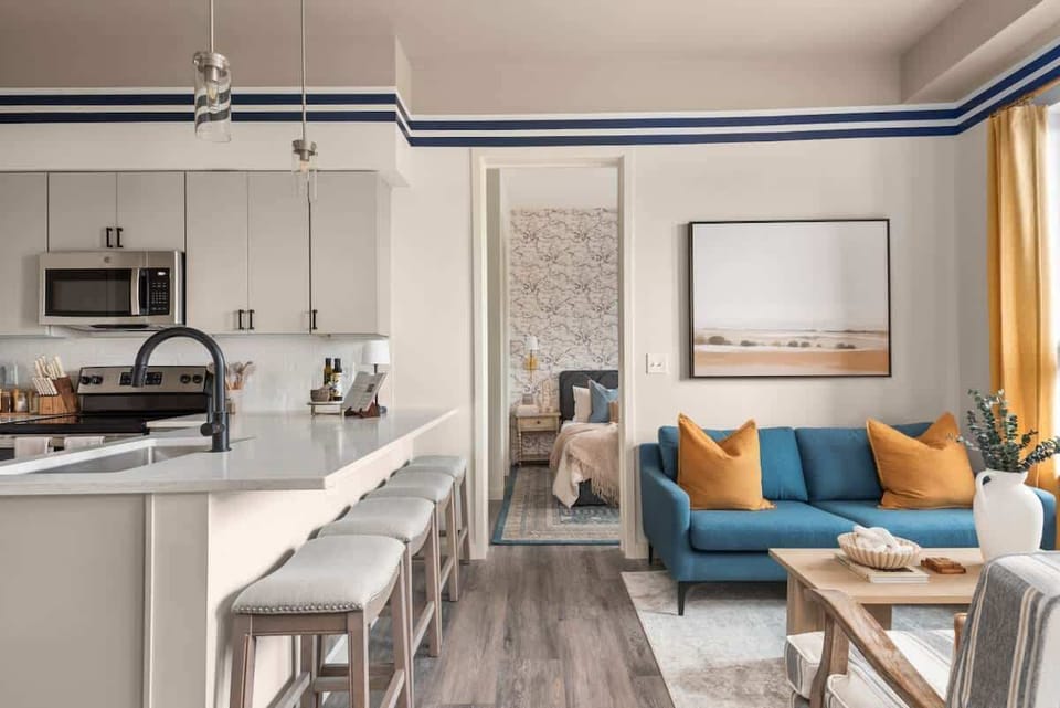 Kitchen island with bar chairs for casual dining.