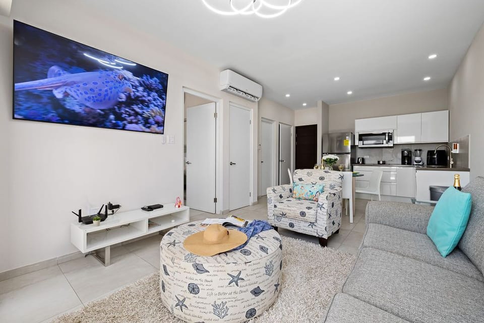 An air-conditioned living room with TV.
