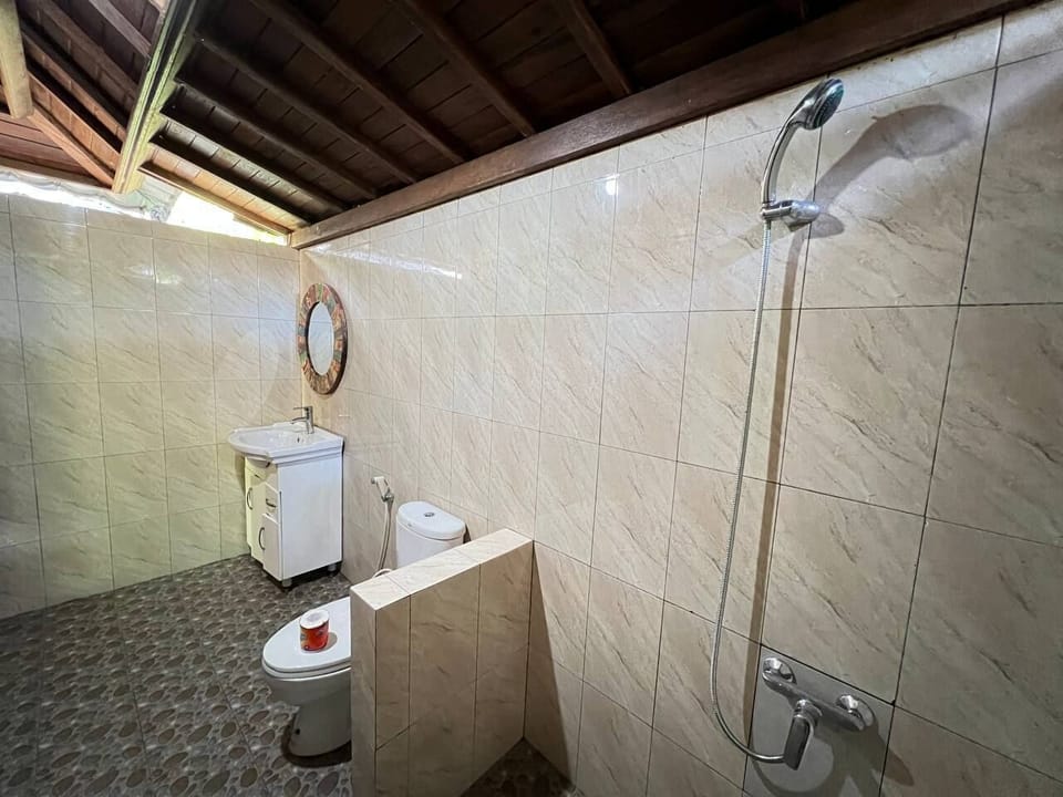 Basic Double Room, Pool View | Bathroom | Shower, towels, soap, toilet paper