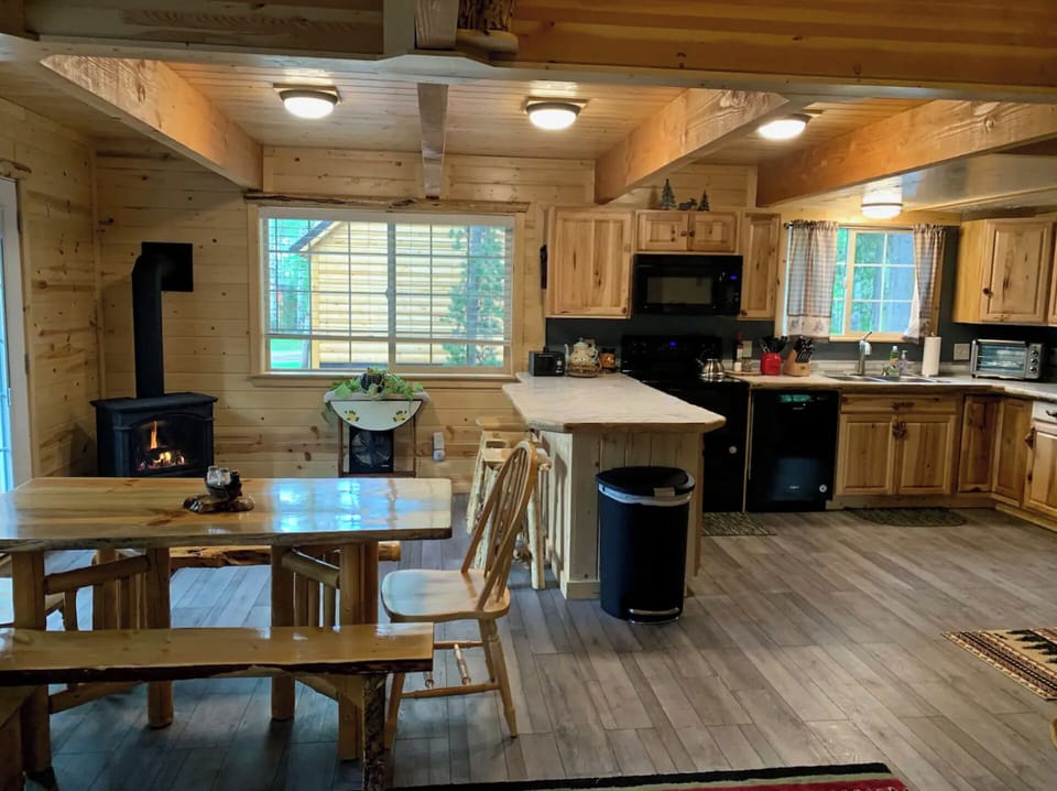 The dining area and kitchen.