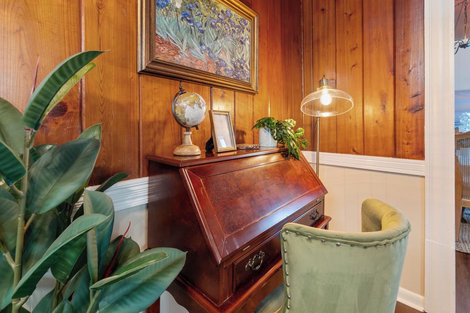 Formal work desk. Folds out with electrical outlets, fast WI-Fi and lamp.