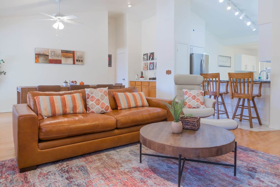 Open concept living room with dining room and kitchen
