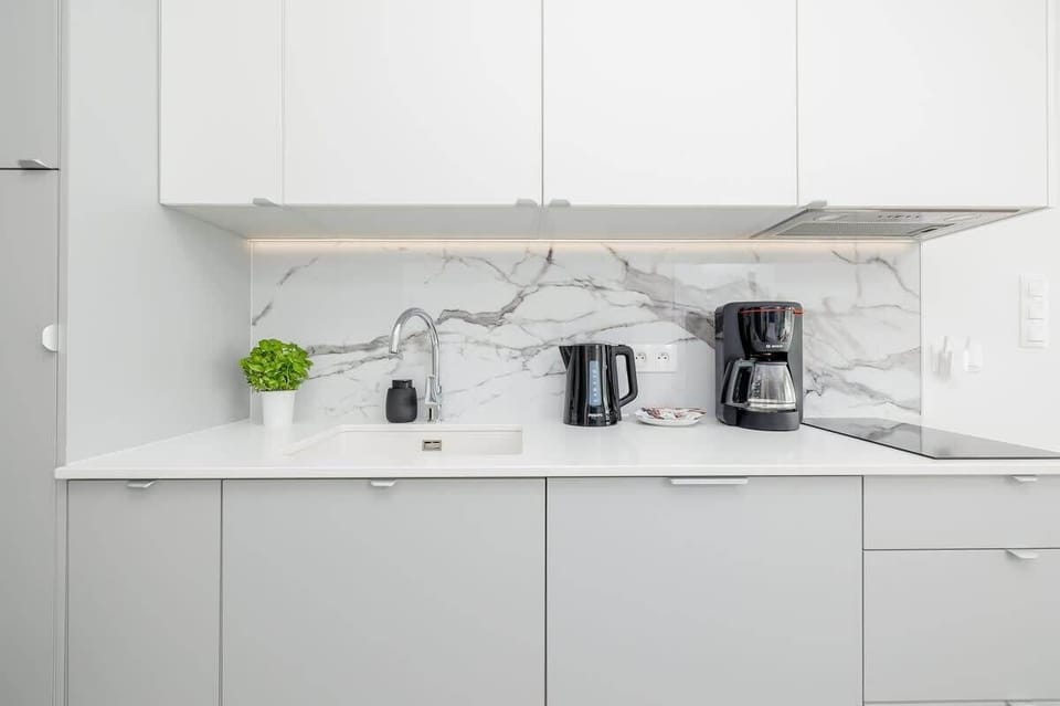 A close-up view of the kitchen counter with white cabinetry and built-in appliances. Includes a small decorative plant.