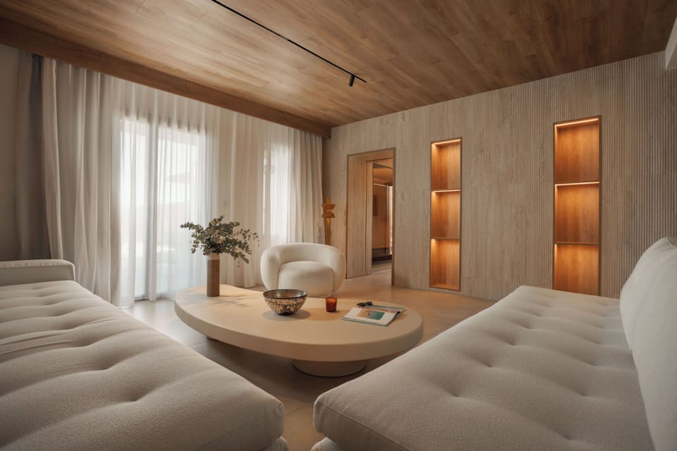 Cedar Forest Suite | Private Pool | Naxos Town View | Living room | Smart TV