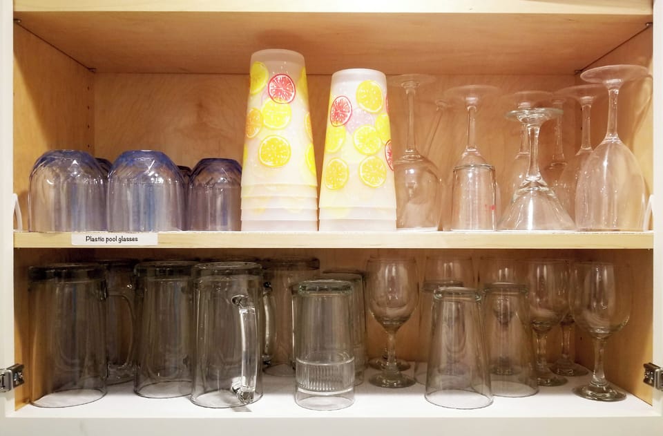 GLASSWARE, DISHES, POTS AND PANS, ETC.