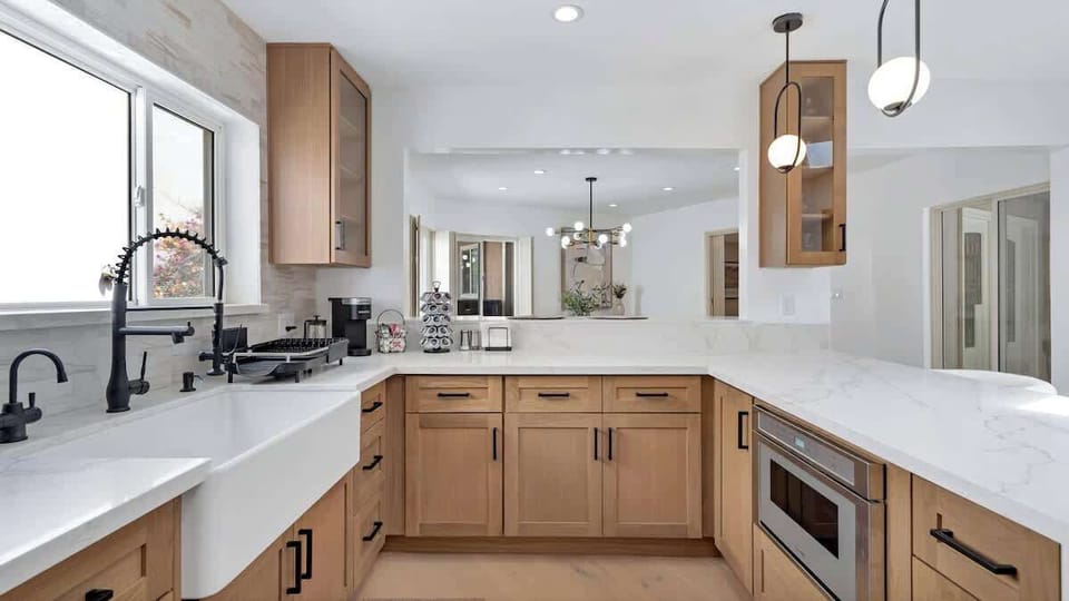 The beautiful kitchen comes fully stocked with a brand-new fridge, oven, microwave & dishwasher—plus Keurig, drip + French press, toaster, blender & popcorn maker. Includes pots, pans, dishes, utensils and everything you need to cook at home.