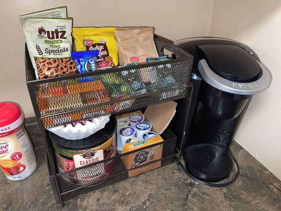 Stocked with snacks, coffee, and other essentials