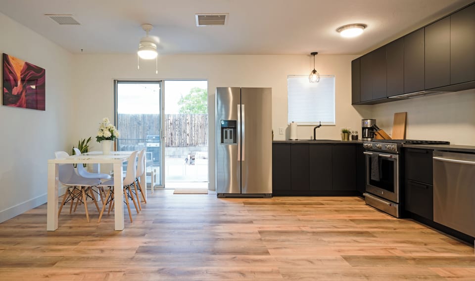 Kitchen with all the essentials, drip coffee maker, filtered water