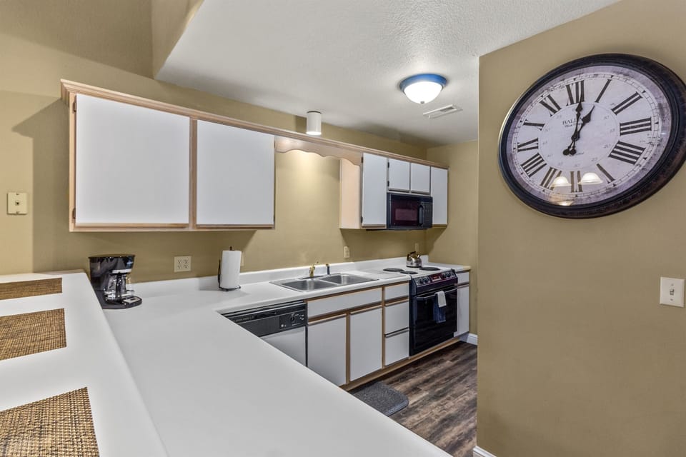 Electric dishwasher, stove, microwave, full-size refrigerator, & all dishes.